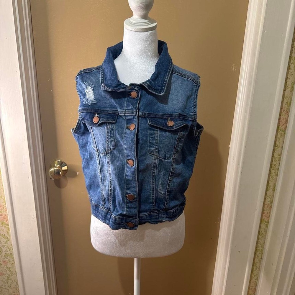 Black Label C'est Toi Distressed Denim Vest Medium Wash Sleeveless XL